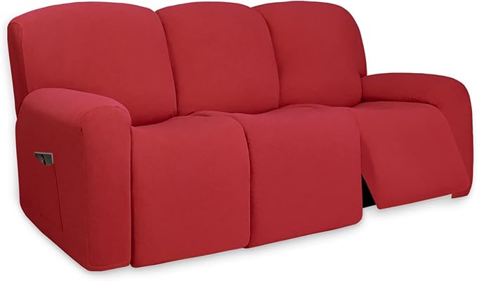 PureFit Super Stretch 3 Seats Recliner Sofa Couch Cover with Pocket – Non Slip Soft Sofa Slipcover, Washable Spandex Reclining Furniture Protector for Kids, Pets (Recliner Sofa, Red)