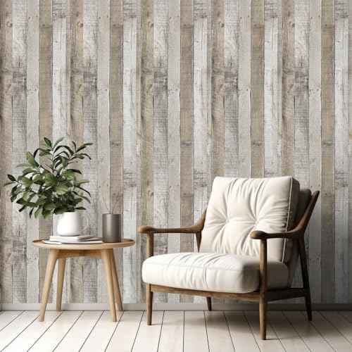 LXCREAT Faux Wood Butcher Block Contact Paper, Shiplap Peel and Stick Wallpaper Wooden Planks for Walls 17.5"X118", Natural Grey Self Adhesive Removable Rustic Wallpaper for Shelf Kitchen Decoration