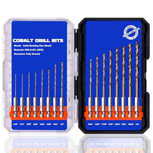 1/4 Hex Shank Cobalt Drill Bit Set 16Pcs 1/16"-1/4", M35 HSS Impact Driver Drill Bits for Metal and Hardened Steel, with Indexed Storage Case