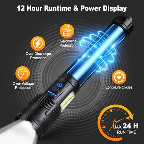 Rechargeable Flashlights 90000 High Lumen, 10000 ?Ah ¥ÂATTERY LED Flashlight with Cob-Light for Home, Super Bright Flash Light 7 Modes, IPX7 Waterproof for Outdoor Camping