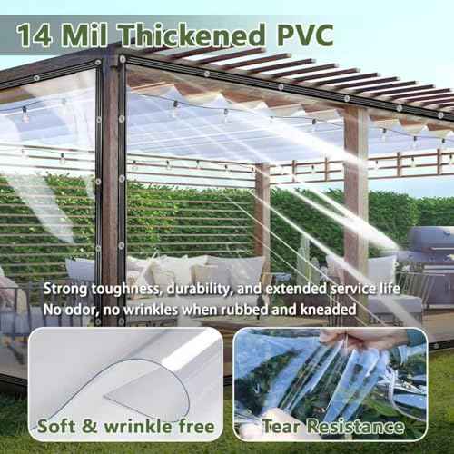 Clear Tarp 6x10 ft -Heavy Duty 14Mil Waterproof PVC Vinyl Tarpaulin with Reinforced Edges & Aluminum Alloy Grommets,Transparent Cover for Patio,Porch,Pool,RV,Outdoor Use