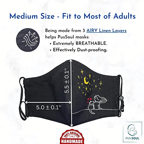 2 PCS | HANDMADE REUSABLE FACE MASK for Cat Lovers - A Black Washable Linen Cloth Face Masks Pack with Hand Embroidery Cat-loving Décor, Build-in Nose Wire & Breathable Designs – from PUSSOUL