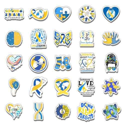 50 Pack Pcs Down Syndrome Awareness Ribbon Stickers for Water Bottles Waterproof Vinyl Laptop Luggage Inspirational Sticker Packs Adults Teens Girls Boys Aesthetic Small Decals