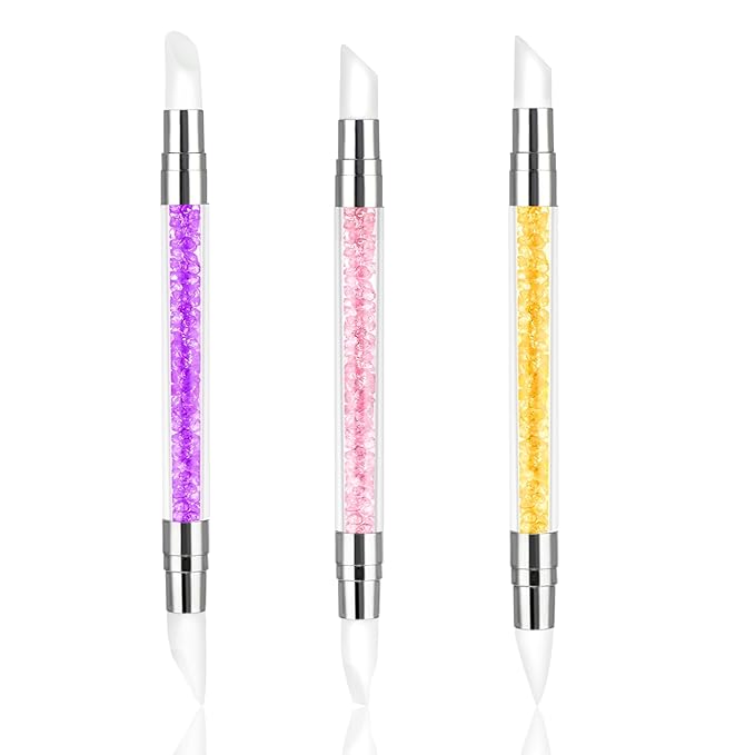 3 Pcs Nail Art Sculpture Pen, Dual Tipped Silicone Nail Tools, Silicone Head Acrylic Handle Nail Art Brushes, Rhinestone Nail Polish Carving Pen, Nail Art Tools for Home Salon(Yellow, Pink, Purple)