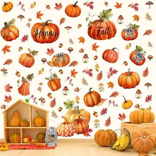 Eersida 6 Sheets 89 Pcs Thanksgiving Wall Decals Fall Oil Painting Pumpkin Wall Decals Maple Leaves Stickers for Thanksgiving Glass Autumn Home Decor and Fall Decoration Kitchen Living Room