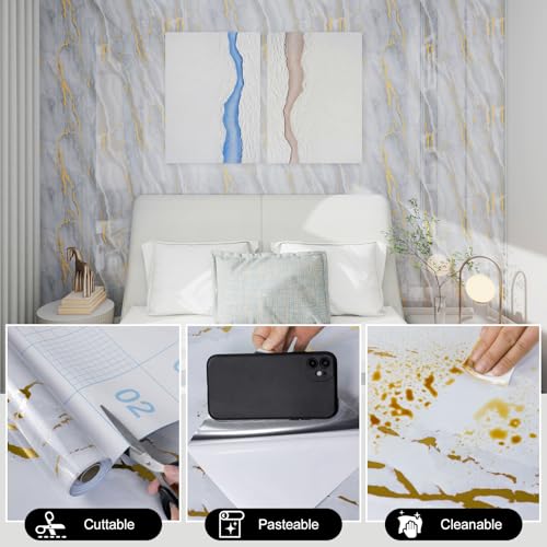 White Gold Marble Contact Paper for Countertops 15.7" X 78"Glossy Peel and Stick Wallpaper Waterproof Self-Adhesive Removable Wall Paper for Kitchen Cabinets Bathroom Furniture Refurbishment