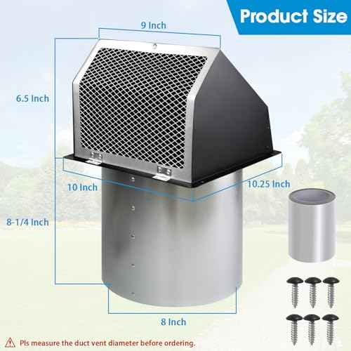 8 Inch Hooded Wall Vent with Screen and Damper,Exterior Wall Exhaust Vent Cover Cap, Wall Mount Exhaust Vent for Kitchen Range Hood HVAC Duct Dryer Ventilation and Outdoor Air Exhaust,Galvanized Steel