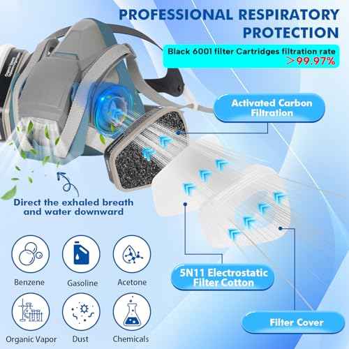 Reusable Respirator Mask with Filters 6001, Half Face Gas Mask For Chemical Spraying Painting Welding Construction