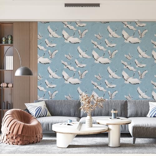 Peel and Stick Wallpaper for Home Decoration Kitchen White Crane Blue Wallpaper Removable Vinyl Self Adhesive Shelf Paper & Drawer Liner Roll House, Workshop & Office 17.3" x 79" TH8096-2