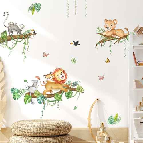 Tanlaby Jungle Animals Wall Decals Forest Lion on Tree Branches Wall Stickers Peel and Stick Cartoon Art Decor for Baby Nursery Kids Bedroom Playroom Daycare Classroom