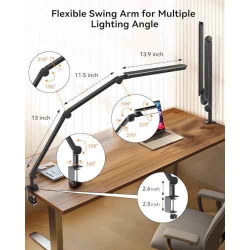 LED Desk Lamp with Clamp, Architect Desk Lamp with Remote, Flexible Swing Arm Desk Light with Dual LED Light, Stepless Dimming, 5 Color Mode & 4 Brightness for Sewing Painting Drafting Crafting