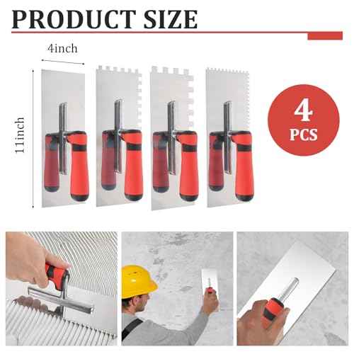 4 PcsTile Tools Stainless Steel Square Notched Trowel Set (Notch Size: 5/32" & 5/16" & 1/2") Masonry Hand Kit for Wall Floor Tiling Installation