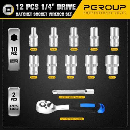 12PCS 1/4" Drive Metric Socket Wrench Set, 90-Tooth Reversible Ratchet Handle£¬6 Point Shallow Sockets (4-13mm) and Extension Bar 4", CR-V Steel, Tool Set For Car,Motorcycle,Bike Repair