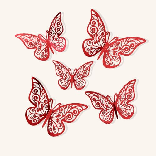 72Pcs 3D Butterfly Wall Decor - 3 Sizes, 3 Styles - Removable Butterfly Wall Stickers for Kids Nursery, Wedding, Bedroom & Room Decor (Red)
