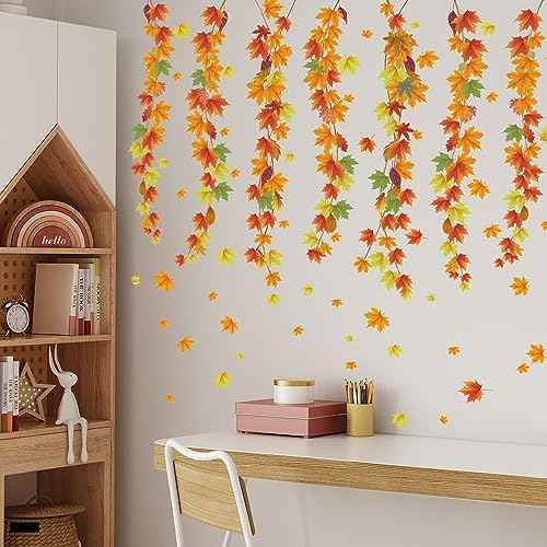 3 Sheets Maple Leaves Vine Wall Sticker Fall Leaf Wall Decal Removable Peel and Stick Autumn Wall Art Decor for Sofa Background Baby Bedroom Nursery Room Decorations