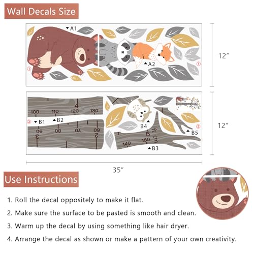 Yovkky Kids Height Chart Wall Decals Stickers, Woodland Animals Tree Toddler Baby Growth Measurement Nursery Decor, Forest Bear Raccoon Fox Owl Leaves Home Decorations Bedroom Playroom Art