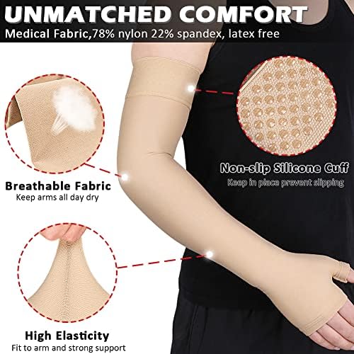 Ailaka Lymphedema Compression Arm Sleeve（Single） with Gauntlet for Men Women, 20-30 mmHg Medical Compression Arm Sleeve