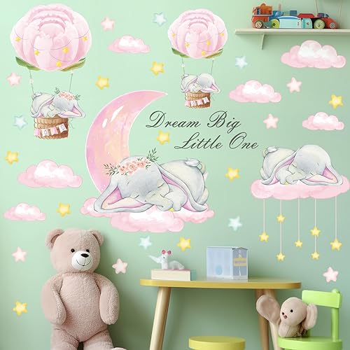 Removable 3D Cartoon Elephant Sleeping on the Moon and Cloud Wall Decor Sweet Dream Princess Little Girls Bedroom Wall Decal Hot Air Ballon Stars Wall Sticker for Baby Children Rooms Playroom Nursery