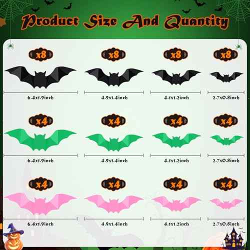 HOMIEE Halloween Party Supplies Hallween Decorations 3D Bat 64PCS Wall Decor, Pink Bats for Wall PVC Door Bats Stickers & Decals for Home Indoor Spooky Theme Party Supplies
