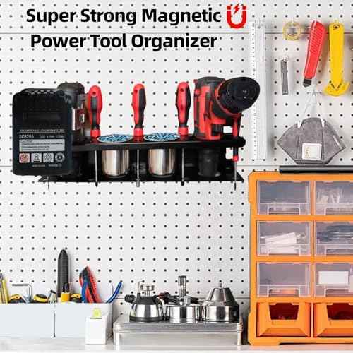 Magnetic Power Tool Organizer Rack - Heavy Duty Metal Organizer Rack for Cordless Drill,Screwdriver,Screw with 4 Stainless Steel cup for Tool Cart,Pegboards,Workbench,Garage,Toolbox