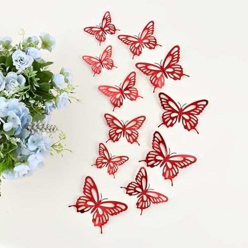 72Pcs 3D Butterfly Wall Decor - 3 Sizes, 3 Styles - Removable Butterfly Wall Stickers for Kids Nursery, Wedding, Bedroom & Room Decor (Red)