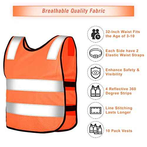 Geyoga 10 Pcs Kids Reflective Vest Bulk Visibility Child Safety Construction Vest Toddler Protective Orange Clothes for Boys Girls Cycling Walking Skiing Skateboarding Runner