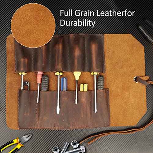Kosibate Tool Roll Up Bag,Leather Tool Chisel Bag/Wrench Roll Pouch,Portable Woodworking Organizer Tote