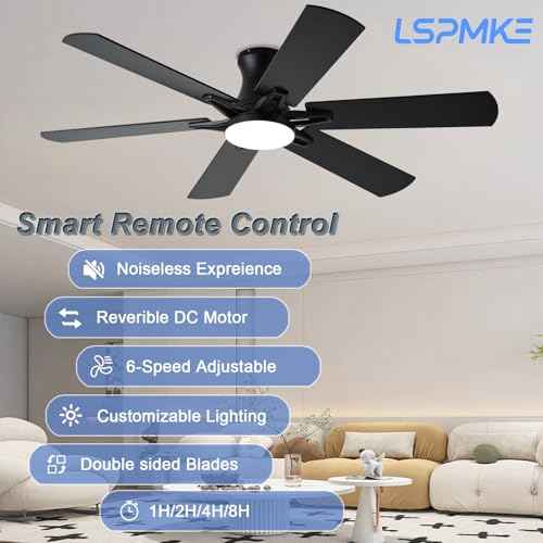 Ceiling Fans with Lights, 52 Inch Low Profile Ceiling Fan with Light and Remote, Flush Mount, Quiet, Reversible, 3CCT, Dimmable, Black RGB Ceiling Fan for Bedroom, Living Room, Indoor/Outdoor