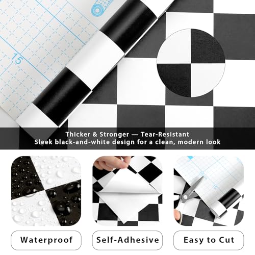 Kitico Black and White Checkered Peel and Stick Wallpaper? Waterproof Removable Vinyl Contact Paper Peel and Stick ? Renter Friendly Bathroom Wallpaper