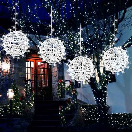 Outdoor Christmas Balls Lights Tree Lights Waterproof, 4 Pack 11.81" LED Hanging Globe Sphere Lights with 8 Lighting Modes Memory Timer Plug for Party Wedding Xmas Porch Patio Garden Yard Decorations