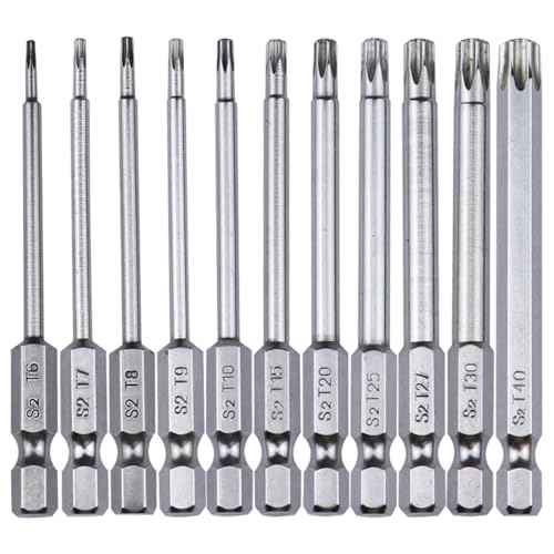 11Pcs Security Torx Bits Set, S2 Aolly Steel Magnetic Tamper Proof Screwdriver Bit Set 3inch 1/4" Hex Shank Impact Driver Star Bits Sets T6-T40