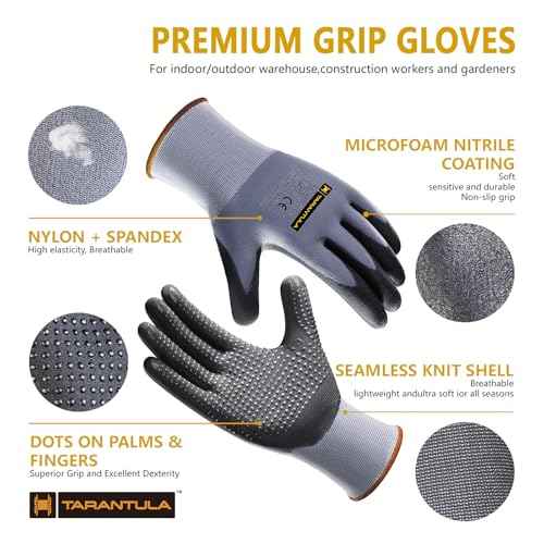 Tarantula Safety Work Gloves MicroFoam Nitrile Coated 12 Pairs,Endurance Seamless Knit Nylon,Dots on Palm,Dot Grip Gloves,Small