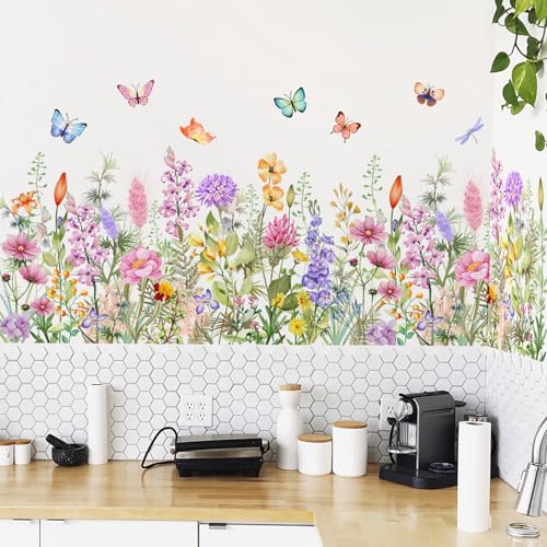 Floral Plants Grass Wall Stickers Colorful Butterfly Flower Wall Decals Wildflower Garden Wall Murals Peel and Stick Girls Bedroom Classroom Vinyl Wall Decals MS3167