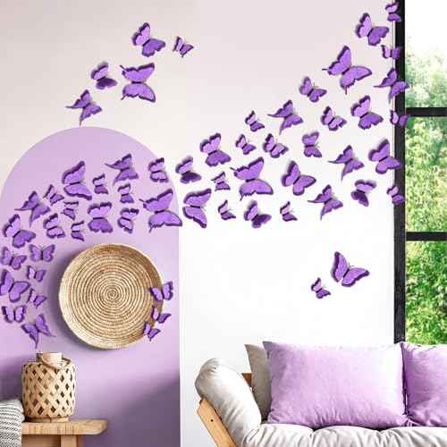 LiveGallery 36pcs Removable 3D Double Side Wings Butterfly Wall Stickers DIY Glittering Twinkle Butterflies Wall Decals Butterfly Wall Art Decor Decoration for Home Kids Bedroom Nursery (Purple)