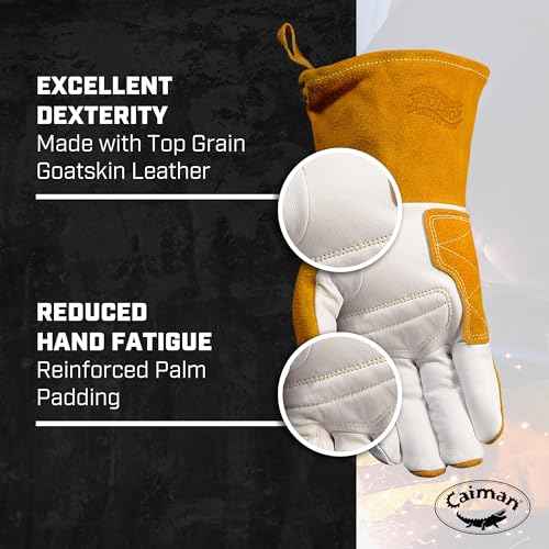 Caiman Premium Goat Grain TIG/Multi-Task Welding Gloves, Split Cowhide Back, 4-Inch Extended Cuff, White/Gold, Medium (1540-4)