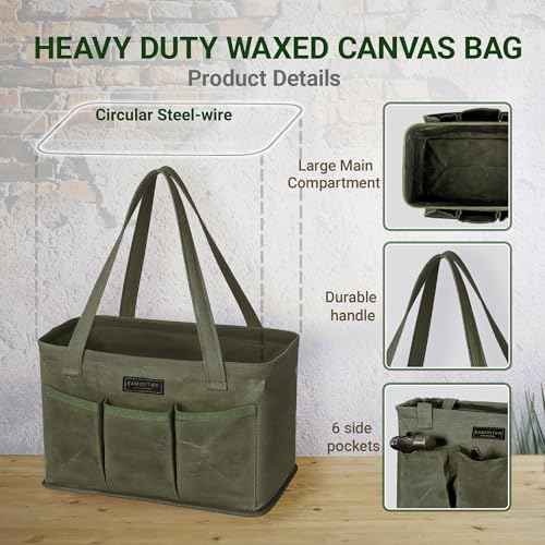 Tool Bag with Metal Frame, Waxed Canvas Wide Open Top Tool Tote Bag with 7 External Pockets, 13.5 x 7.8 x 7.8 Inches (ArmyGreen)