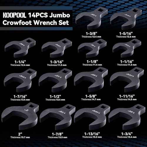 14 Piece Crows Foot Wrench Set, SAE Shockit Crows Foot for 1-1/16" to 2" Flare Nuts for 1/2" Drive Rachets & Extenders, Blackened Cr-V Steel Crowfoot Wrenches