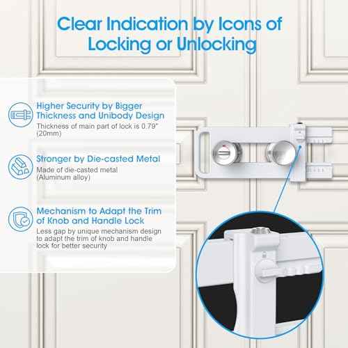 AST Double Door Security Lock, French Door Lockout Device with Keys, Reinforcement Lock for Knobset and Handleset, Prevent Kick Ins, Childproof, Kids Proof Barricade (White with Snib and Cylinder)