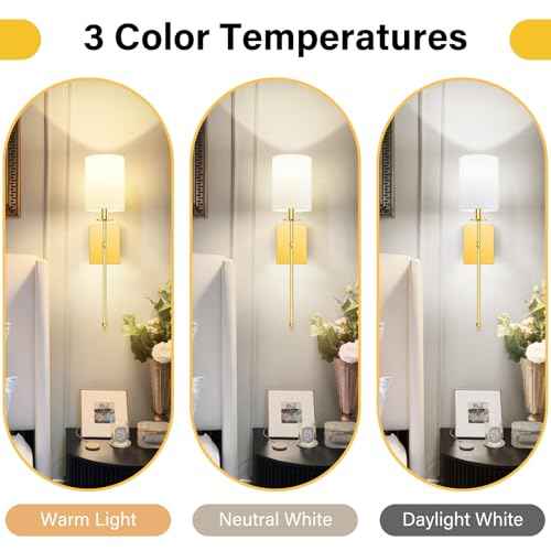 24.8 Inch Wall Sconces Battery Operated Set of 2, Rechargeable Wireless Wall Sconces Lights with Remote, Not Hardwired Dimmable Gold Wall Lamps with White Fabric Shade for Bedroom, 2 Bulbs Included