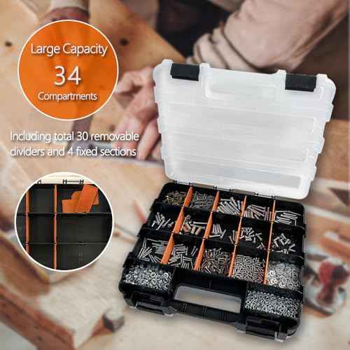 Tool Box Storage Organizer, TONGQI 34-Compartment Double Side Small Parts Box with Removable Plastic Dividers for Hardware, Screws, Bolts, Nails, Jewelry and Fishing Accessories, 2 Pack