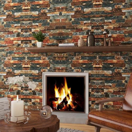 LACHEERY Vintage Brick Wallpaper Peel and Stick 3D Textured Brown Blue Stone Wallpaper Removable Self Adhesive Brick Contact Paper for Walls Kitchen Fireplace Heat Resistant Waterproof Roll 15.8"x80"