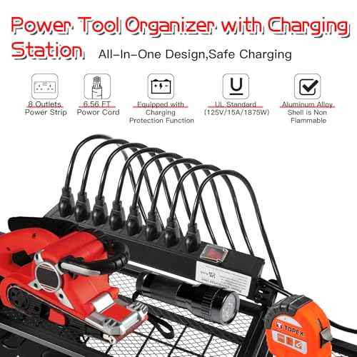 Power Tool Organizer Wall Mount, Large Tool Organizer with Charging Station, Heavy Duty Steel Cordless Drill Holder, 39 Inch Long Power Tool Battery Storage Rack with 8 Outlets Power Strip