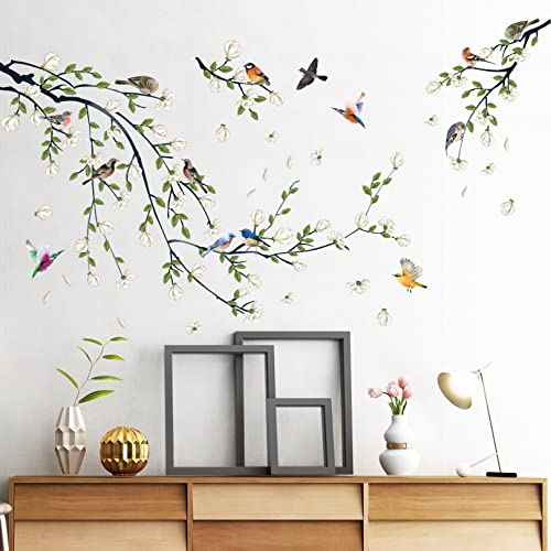 Green Vine Wall Decal White Flowers and Birds on Branch Natural View Wall Sticker DIY Detachable Peel and Stick Wall Art Mural for Living Room Bedroom offcie Home Decor