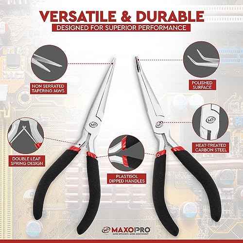 Premium 6 Inch Mini Needle Nose Pliers Set - 2 PCs Bent and Straight Long Nose Pliers with Comfort Grip - Non-Serrated Rust-Proof Long Reach Jewelry Pliers for Jewelry Making, Handmade Craft