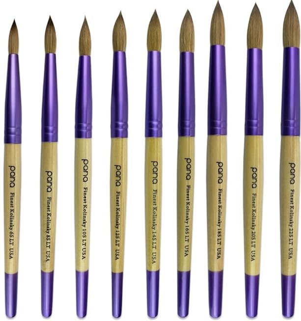 PANA Pure Kolinsky Hair Acrylic Nail Brush - Round Shape Purple Ferrule with Beige Wood Handle (Size 8)