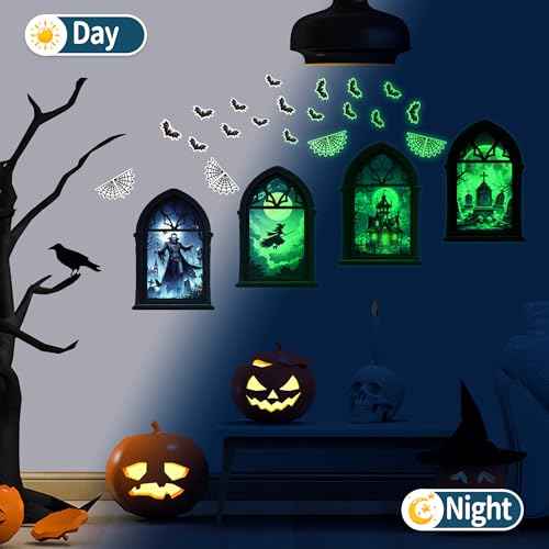 Glow in The Dark Halloween Wall Stickers, Set of 4 Halloween Window Decals, Scary Vampire Witch Castle Tombstone Window Wall Sticker, All Saints' Day Bedroom Playroom Living Room Glass Decoration