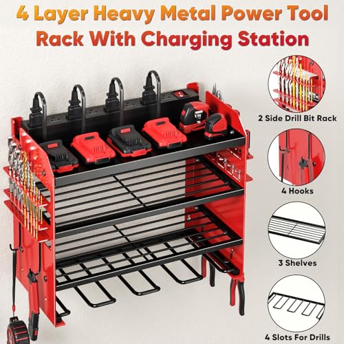 Power Tool Organizer Wall Mount with Charging Station,Tool Storage Rack with 8 Outlet Power Strip,Heavy Duty Metal Battery Utility Rack with 4 Cordless Drill Holder 6.56 Ft Cord for Garage