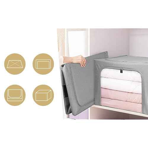 Stackable Clothes Storage Box for Clothing Gadgets,Steel Frame Storage Bins for Toys Gift,Foldable Oxford Fabric Closet Organizer Bag Set with Carry Handles Clear Window (Large- 66L x3 Pack, Grey)