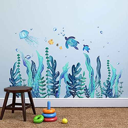 Tenare 5 Sheets Ocean Sea Turtle Wall Decals Stickers Under The Sea Stickers Grass Jellyfish Fish Removable Vinyl Decal for Bedroom Bathroom Nursery Room Wall Decor(Classic Style)