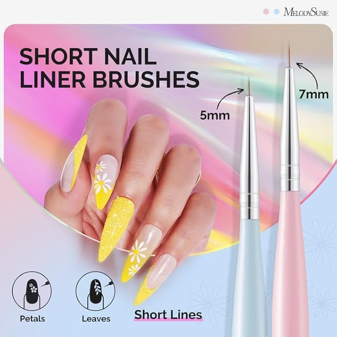 MelodySusie Nail Art Liner Brushes 5Pcs Professional Gel Polish Painting Art Design Pen Set for Thin Long Lines, Tiny Details, Fine Drawing, Delicate Coloring Sizes 5/7/9/11/20mm